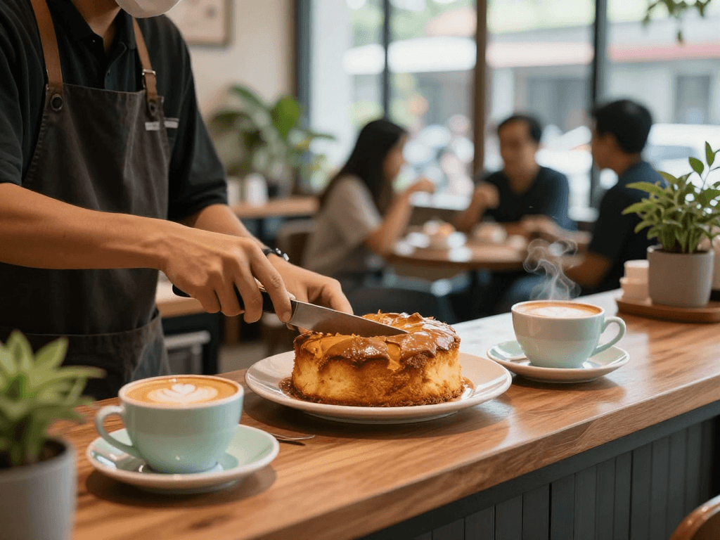 Bolu bakar at a café, delightfully paired with coffee, showcasing rokok88 rtp's charm.