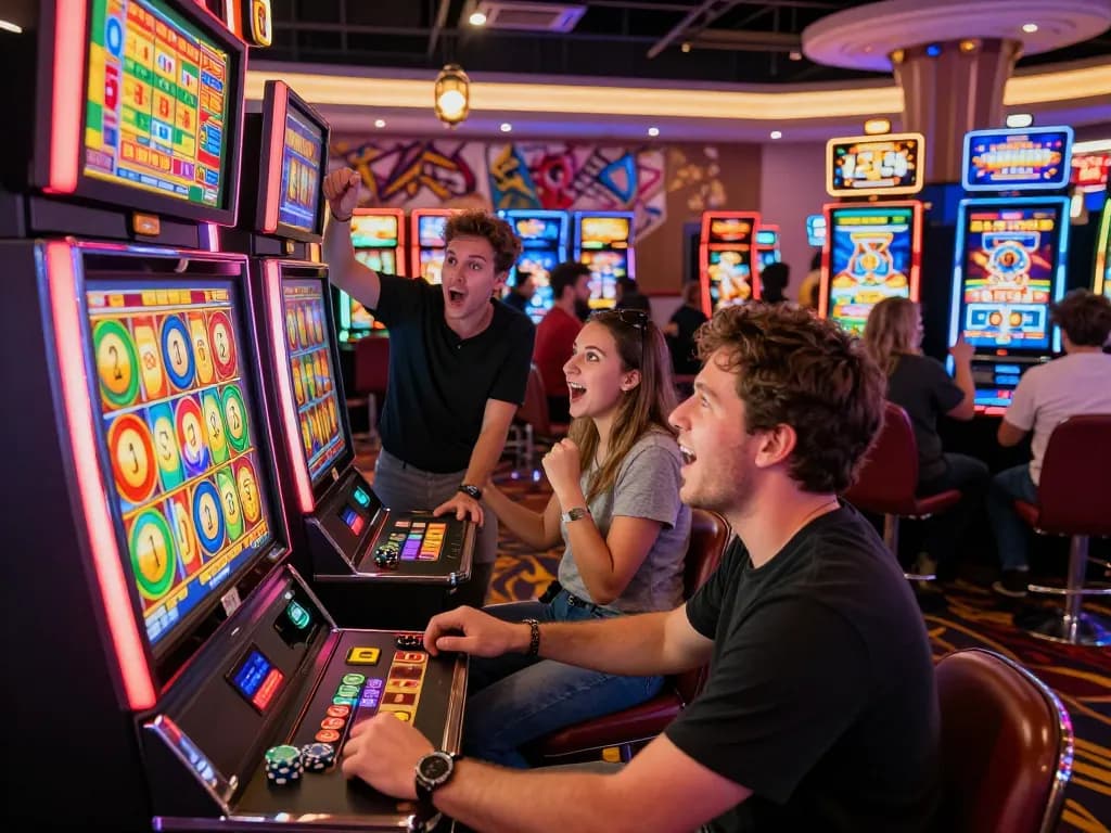Players enjoying the Lucky88 casino slot machine, immersed in excitement and anticipation on a vibrant casino floor.