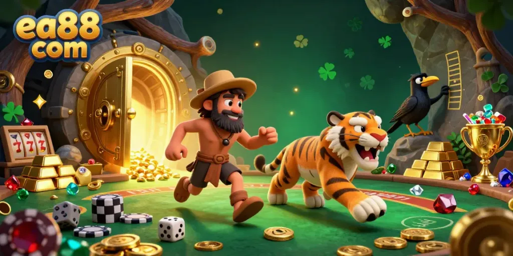 Engage in thrilling gameplay at ea88 com with a vivid depiction of prehistoric casino fun and treasure.