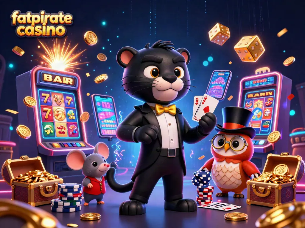 Experience the excitement at fatpirate casino with vibrant illustration of characters dealing cards and gambling elements.