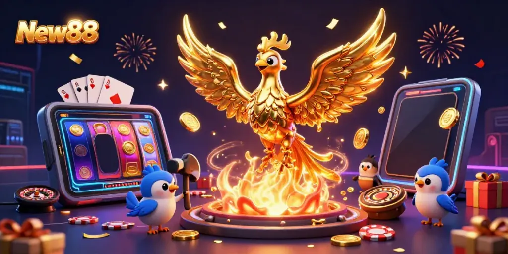Experience winnings with New88's dazzling casino games featuring a molten golden phoenix in action.