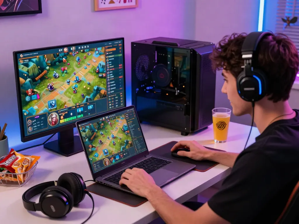 Online gamer enjoying interactive gameplay at https://hitclub3.io/ with vibrant décor and tech setup.