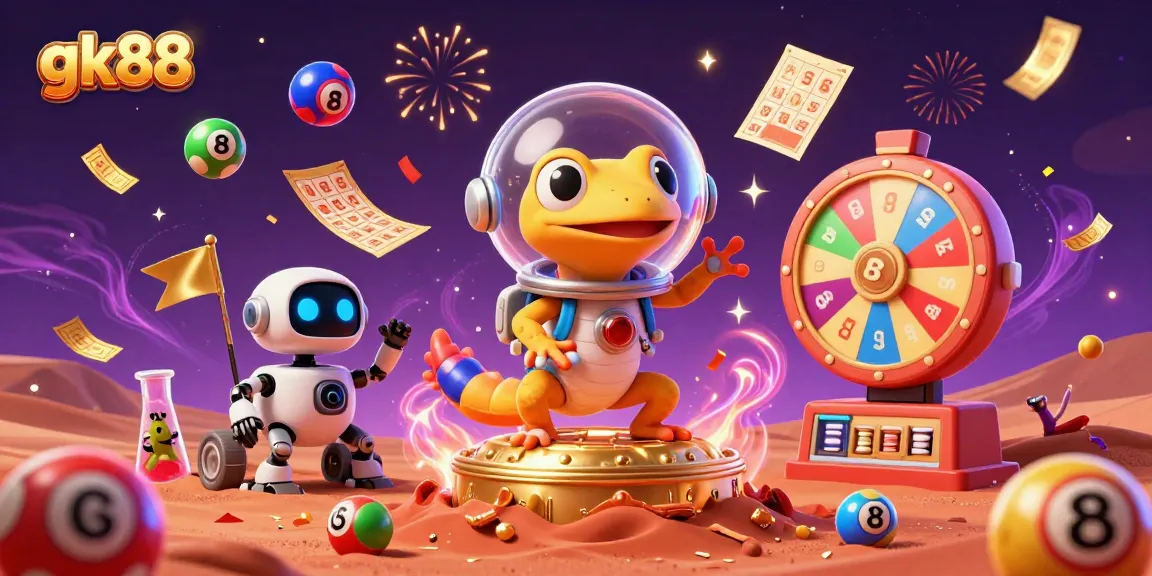 Watch gk88's Martian gecko discover a golden casino among vibrant lottery elements in a dynamic illustration.