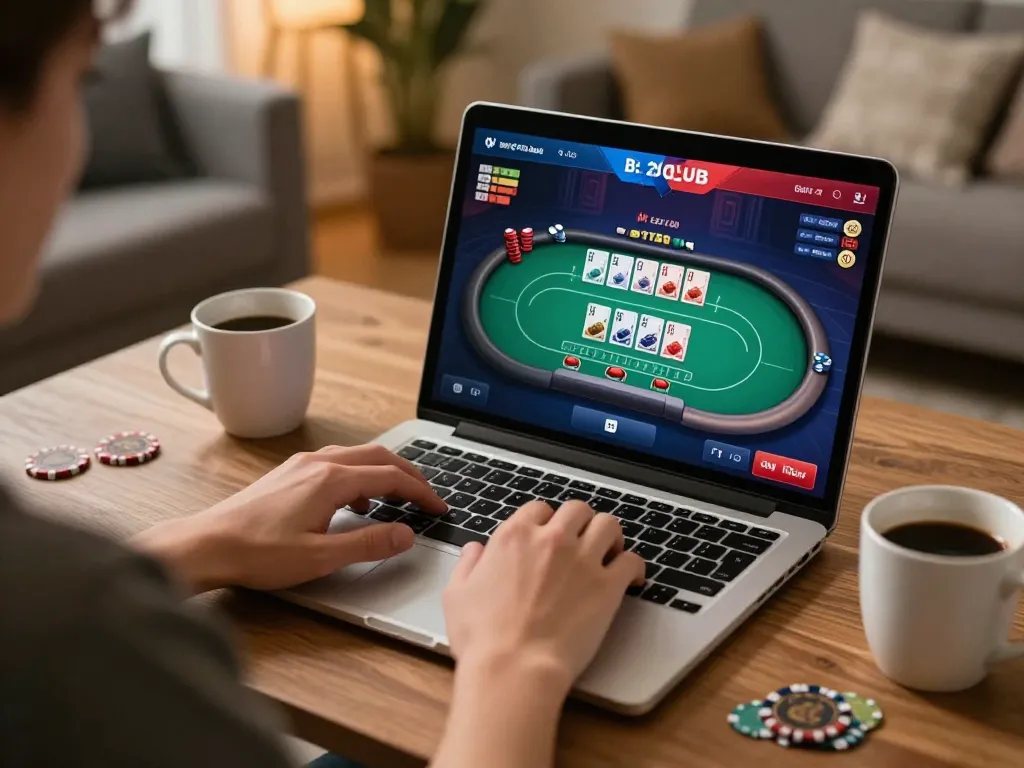 Engaging player focused on B52CLUB poker game on a laptop in a cozy home setting.