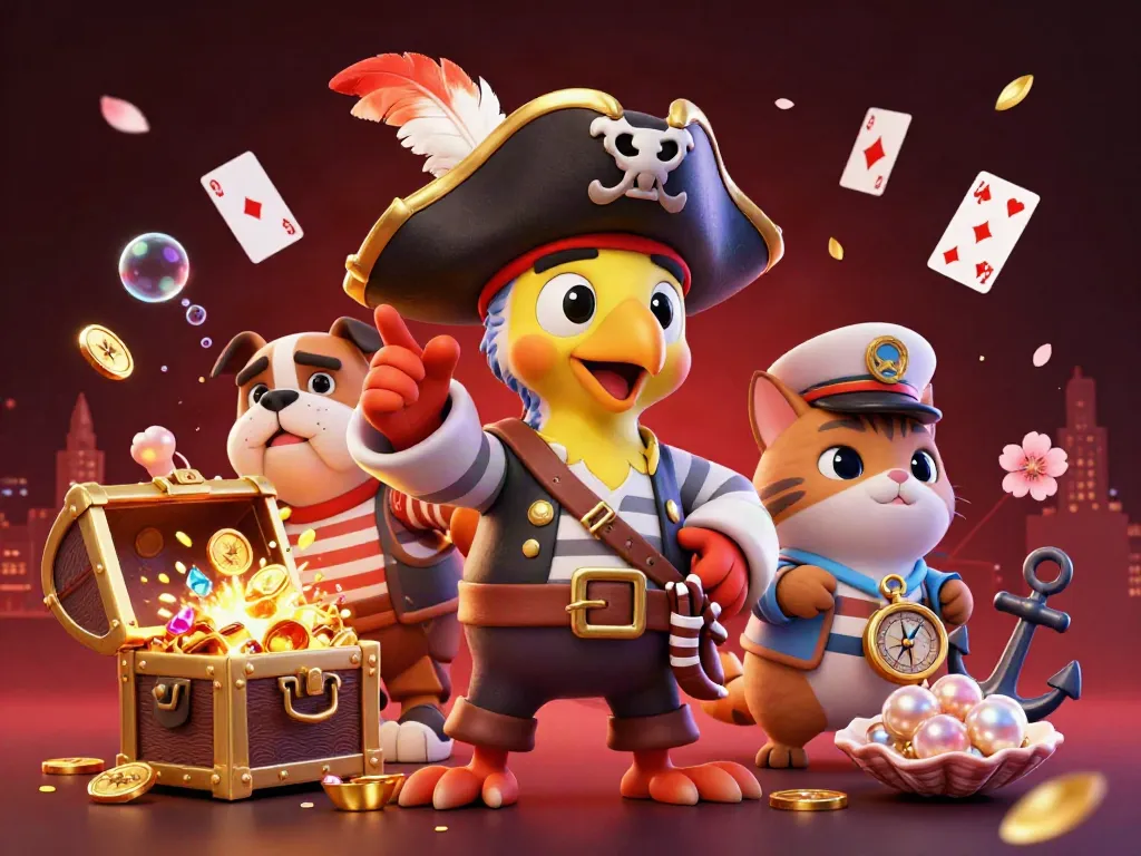 Engage with cổng game sunwin through a vibrant illustration featuring pirates and treasure in a casino setting.
