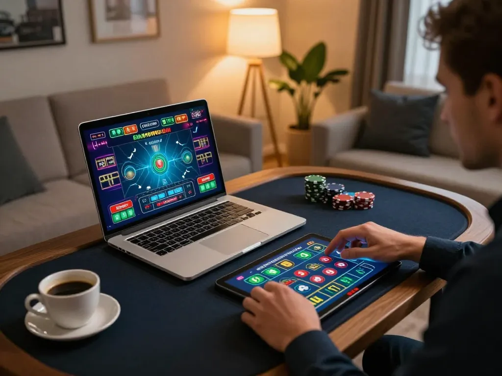 F168 online players engaging with live dealer games, featuring modern gaming setup in a cozy living space.