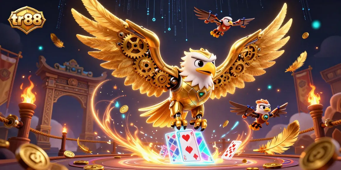 Experience thrilling gaming at tr88 with a dynamic illustration featuring a cybernetic eagle and holographic cards.