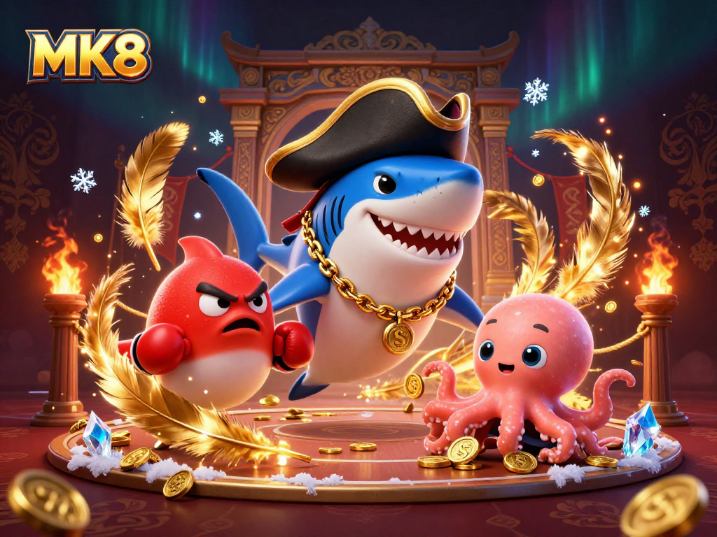 Engage with MK8 strategies in this vibrant 3D illustration featuring a pirate shark, pufferfish, and octopus.