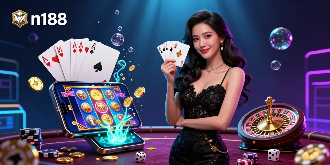 Experience the excitement of n188 with a glamorous casino scene featuring a stylish Asian woman holding playing cards and surrounded by gaming elements.