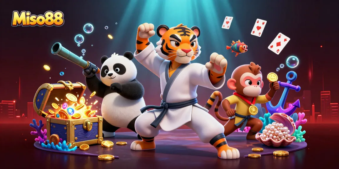 Miso88 harnesses thrilling energy in a 3D illustration showcasing a kung fu tiger, panda, and monkey amidst vibrant casino elements.