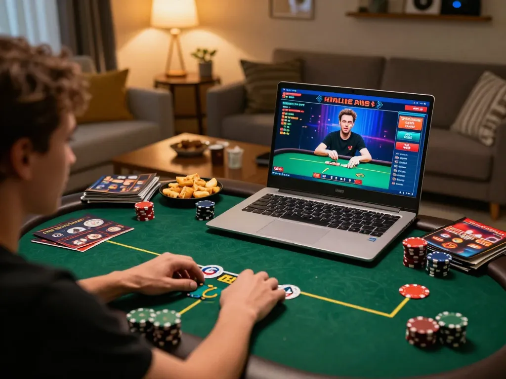 MAX88 player engaging in online poker from a cozy home setup with strategy books