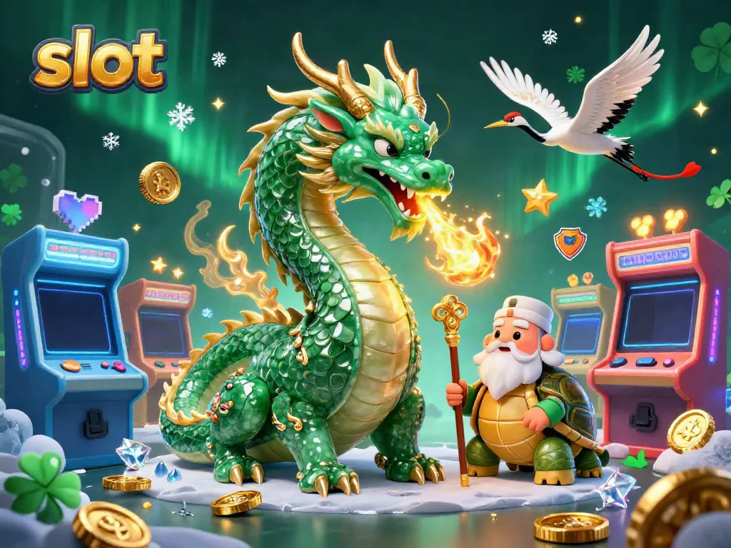 Engage in exciting slot games with lively dragons, arcade machines, and vibrant gaming elements.