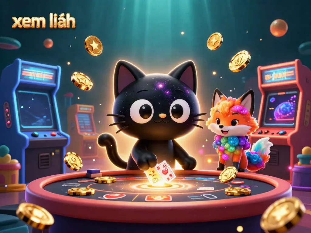 Experience a cosmic gaming adventure with xem thêm as a black hole cat and nebula fox engage in spirited play at a vibrant casino table.