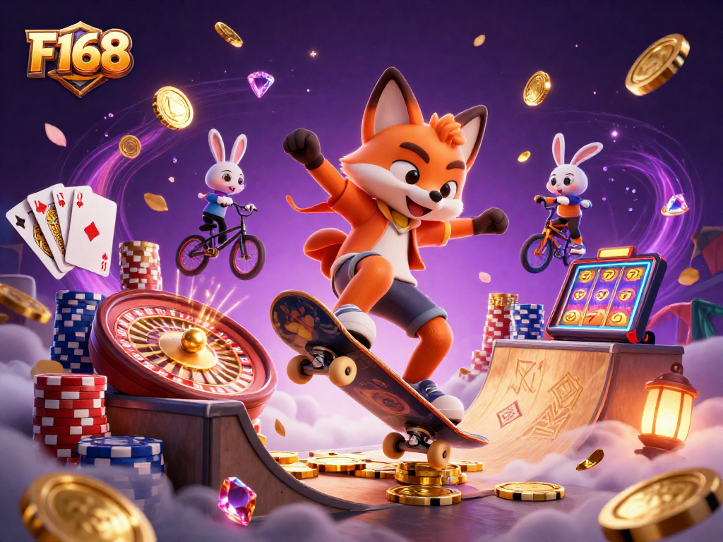 Win big at F168 with the animated 3D casino illustration featuring vibrant games and excitement.