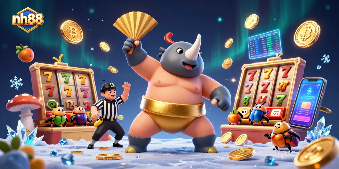 Experience thrilling jackpots at nh88 with the cartoon sumo champion beetle amidst slot machines and crypto coins.