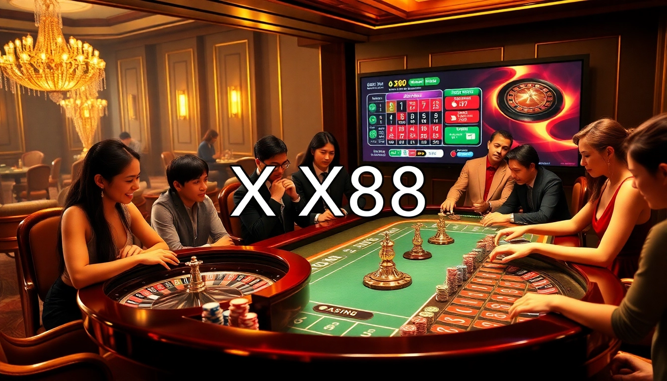 Exciting casino atmosphere as players engage in games at XX88's luxurious gaming tables.