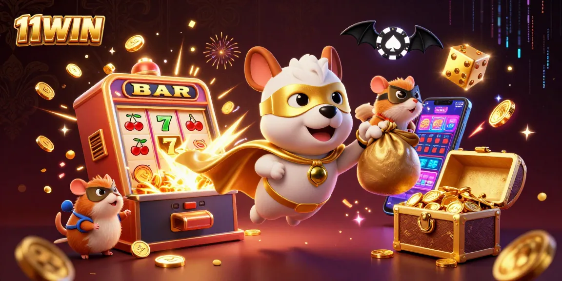 Engage with 11WIN's thrilling 3D casino scene featuring a superhero dog and excitement-filled elements.