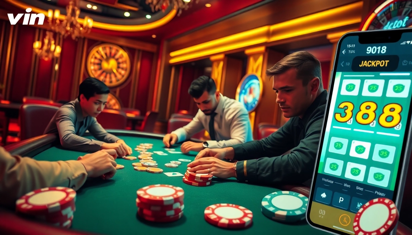 Players enjoy a thrilling game at a casino while using the vin88 mobile app for betting.