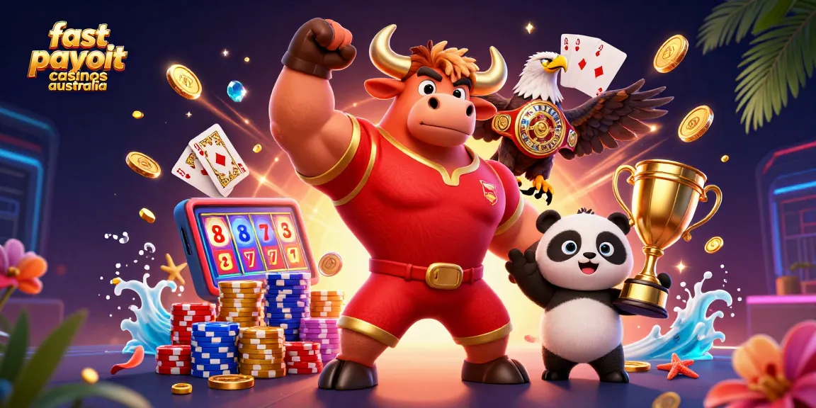 Experience fast payout casinos Australia with a dynamic 3D illustration of characters celebrating success in gaming.