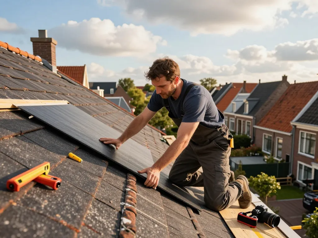 Een vaardige dakdekker Utrecht die shingles op een dak installeert in een mooie buurt, met vakmanschap en kwaliteit.