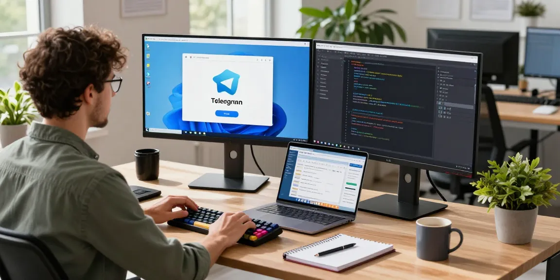 Download Telegram app interface displayed on dual monitors in a modern workspace.