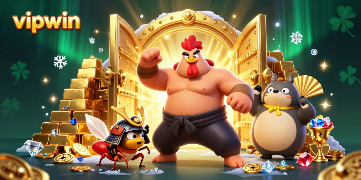 Engage with vipwin's exciting gaming world featuring a powerful rooster, a fierce cricket, and a dynamic announcer.