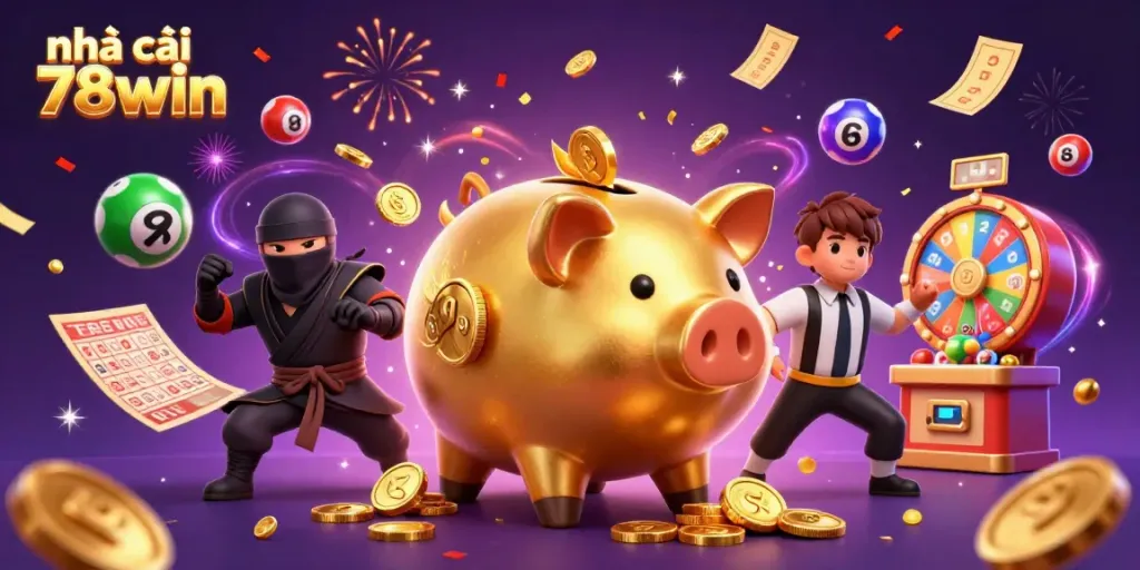 Engaging scene featuring nhà cái 78win's vibrant gaming elements and characters, showcasing dynamic lottery and casino action.