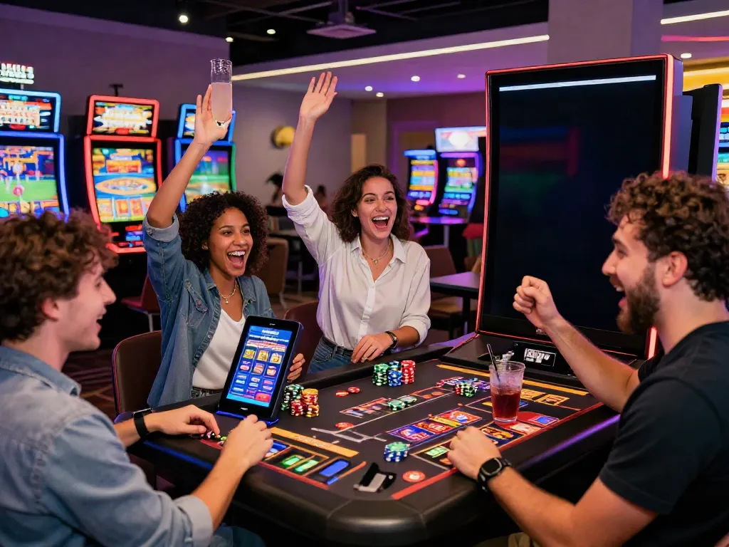 Spelers genieten van een feestelijke sfeer in Kentastic Casino NL met kleurrijke speeltafels en een live dealer.
