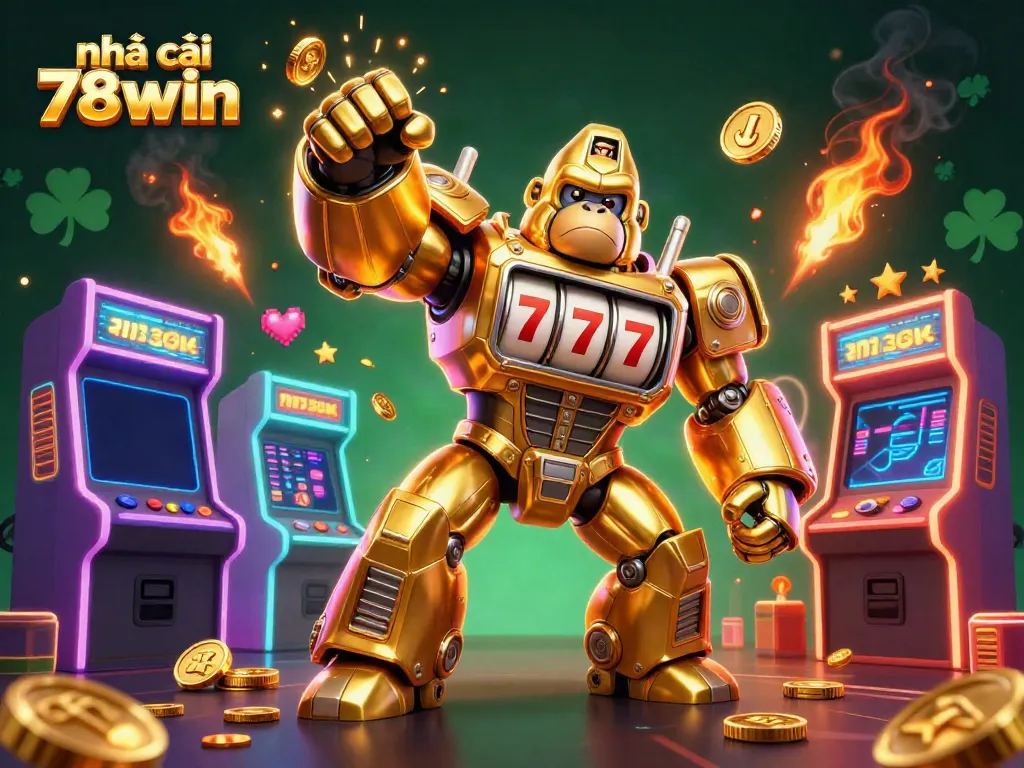 Join the excitement of nhà cái 78win with a dynamic illustration of casino gaming adventures featuring gold and vibrant arcade elements.