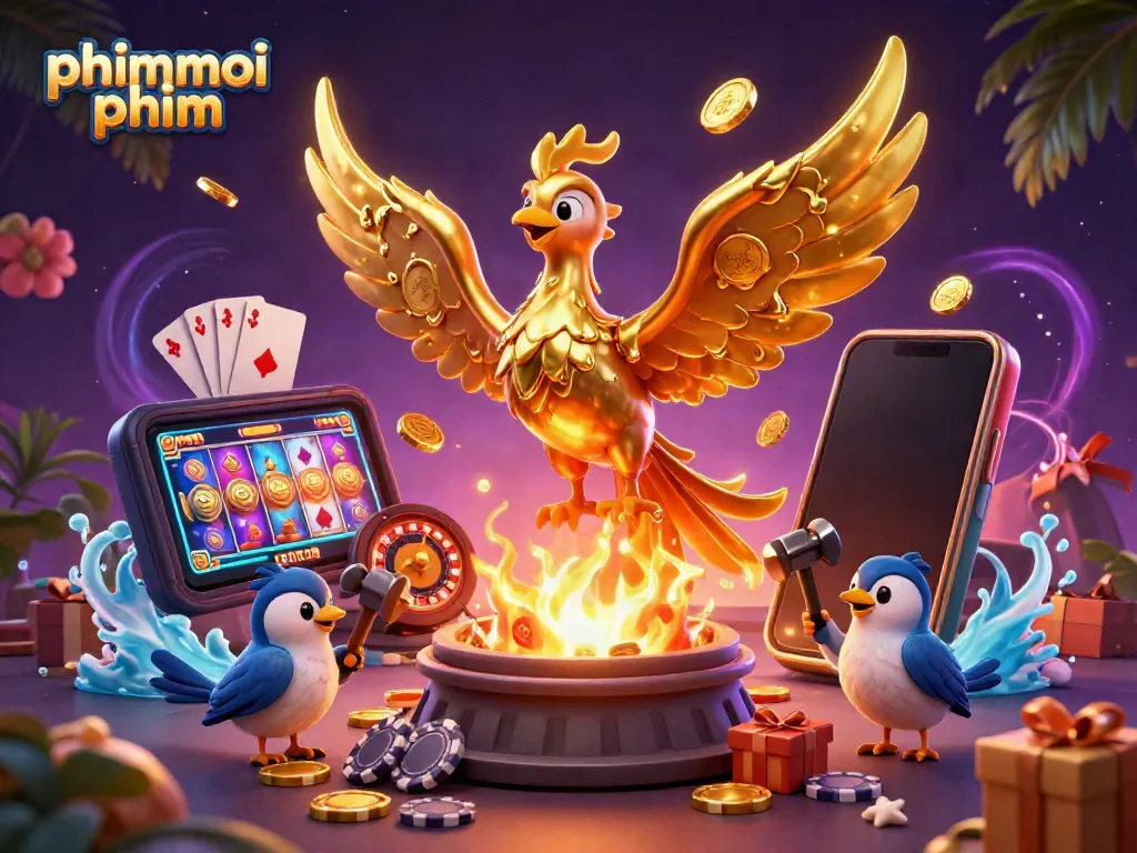 Engage with phimmoi phim, featuring a molten gold phoenix amidst dynamic casino elements.