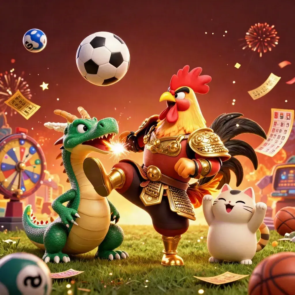 Gouden haan, draakje en gelukskat bij een explosieve voetbalactie met casino-items