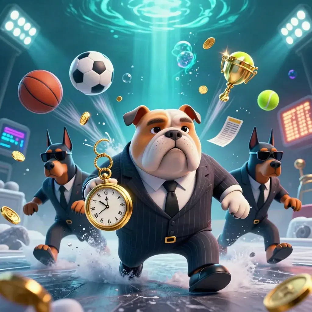 Cartoon bulldog en twee Dobermans tussen zwevende sportballen, goud en teal licht.