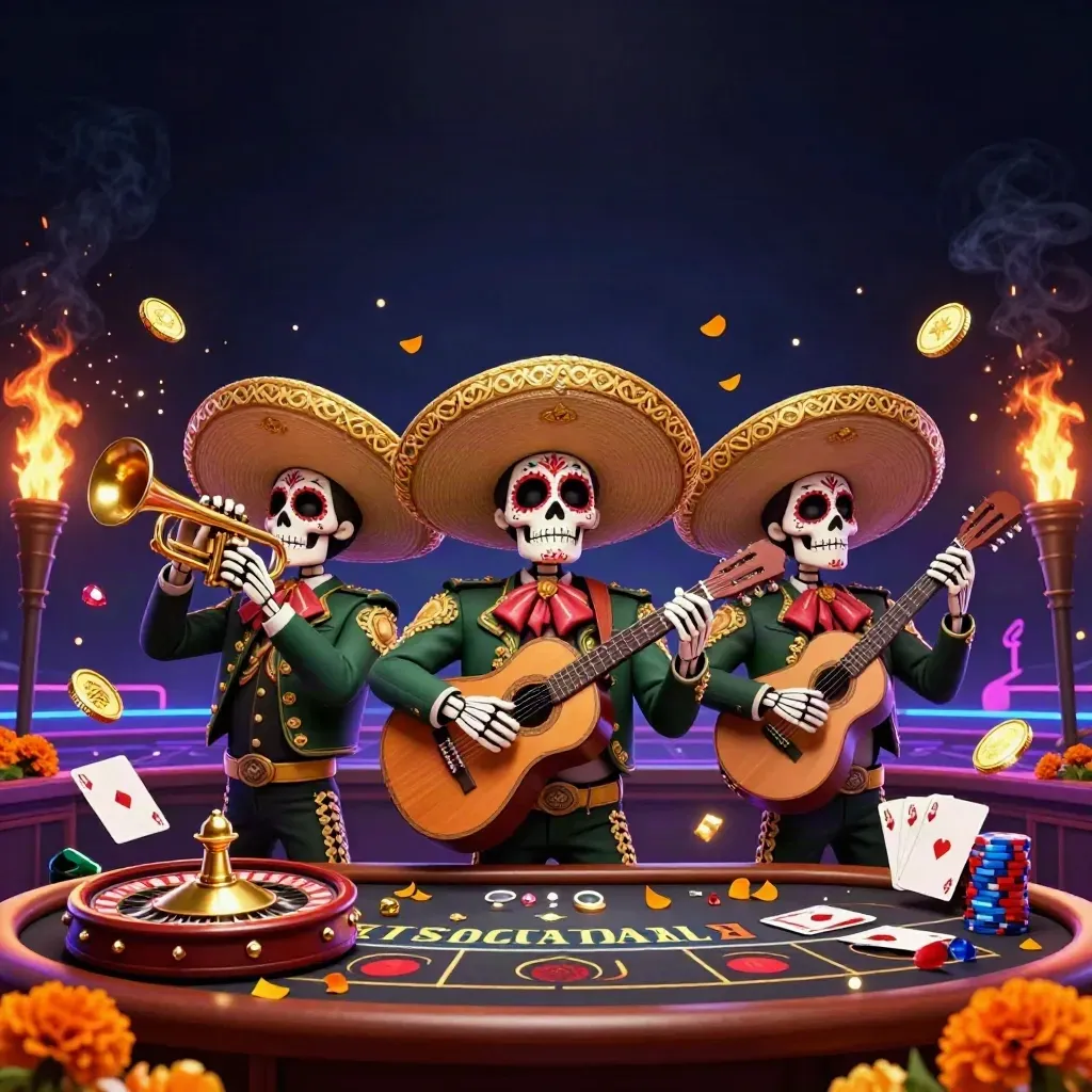 Drie skelet-mariachi’s met gouden sombrero’s, roulettewiel en goudregen in een donker casinoscène.