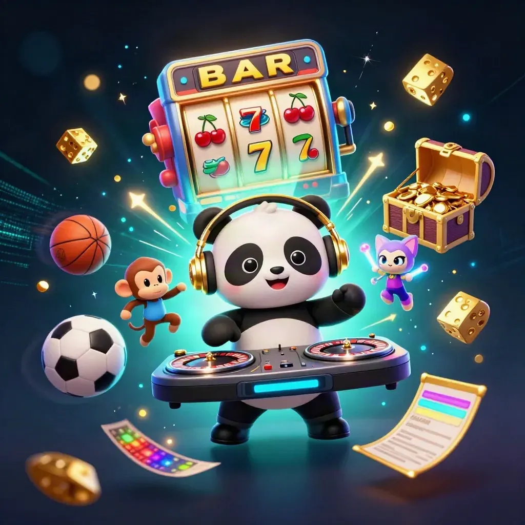 Panda, aap en kitten in casinostijl met sportballen, slotmachine en gouden explosies.