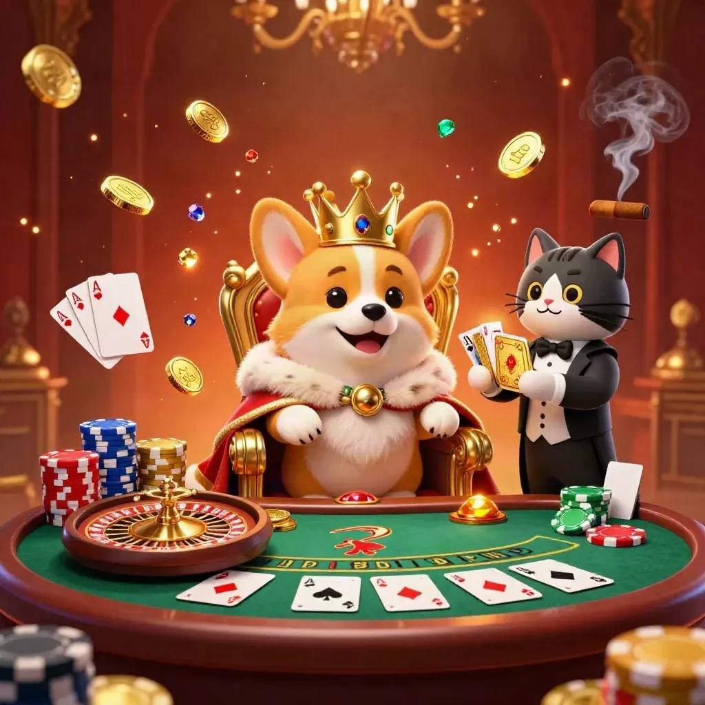 Koninklijke corgi en kattenbutler op pokerchips, met goud en roulette in luxe casino-sfeer