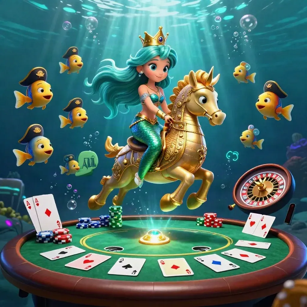 Mermaidprinses op gouden zeepaard met pokerfelt, chips en neon onderwatergloed.