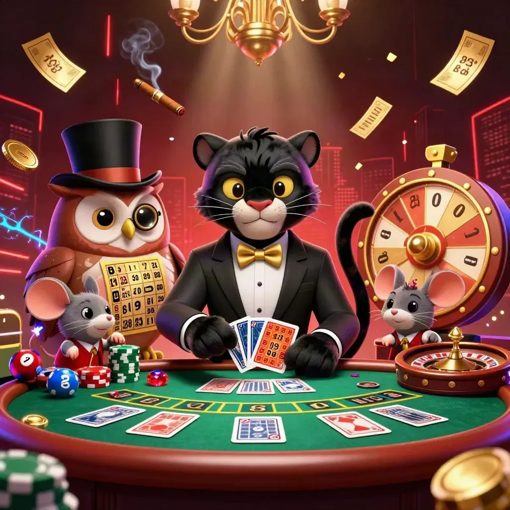 Panter, uil en muis in luxe casinotafereel met roulette, ballen en goudglans.