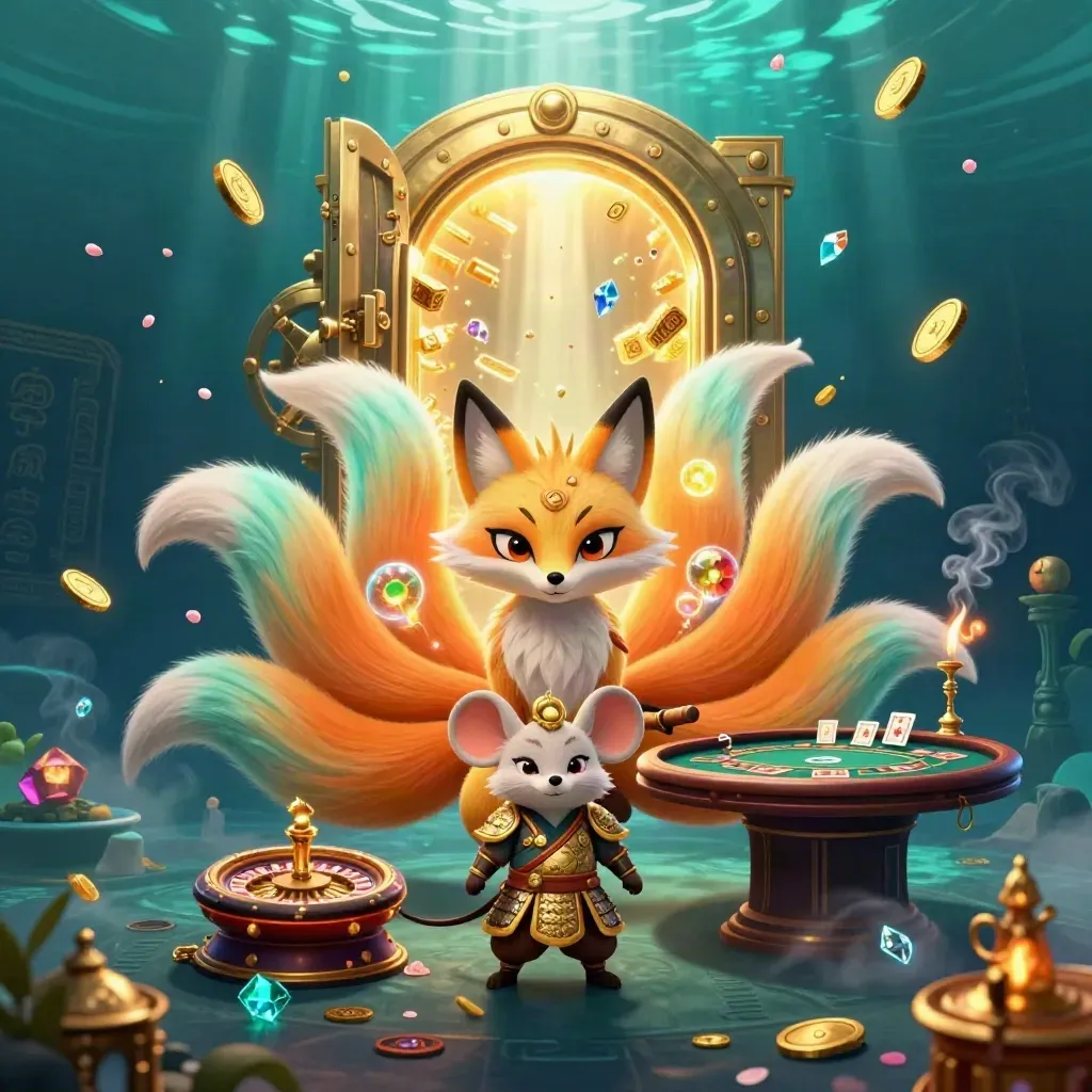 Neonkleurige vosgeest met samurai-muis in goud, omringd door casino-goud en runen.