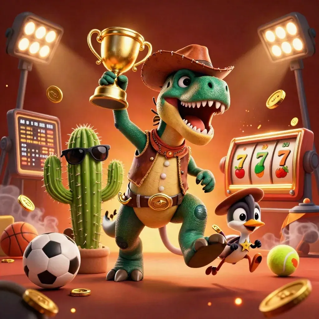 Cowboy T-Rex, cactus en sheriff-roadrunner in een luxe casino-scène met munten, ballen en gouden glow.