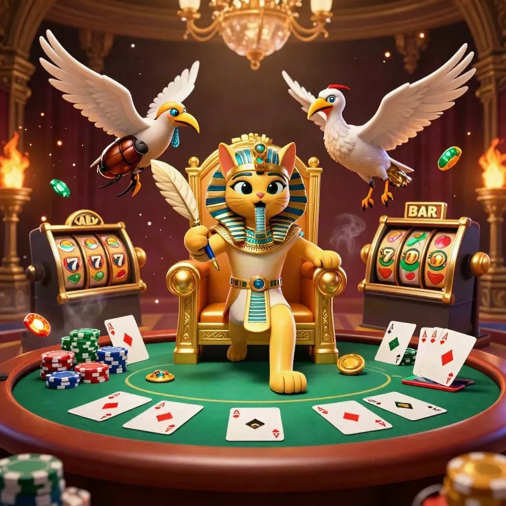 Egyptische kattenpharao, ibis en scarabeeën rond pokertafel met luxe gouden accenten.