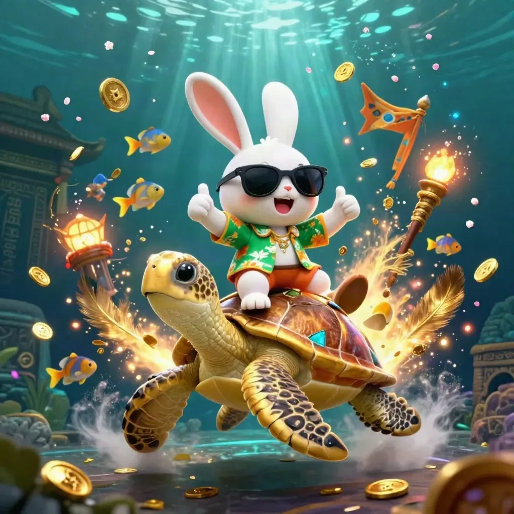 Konijn op gouden zeeschildpad met juwelen, vissen en tropische glans.
