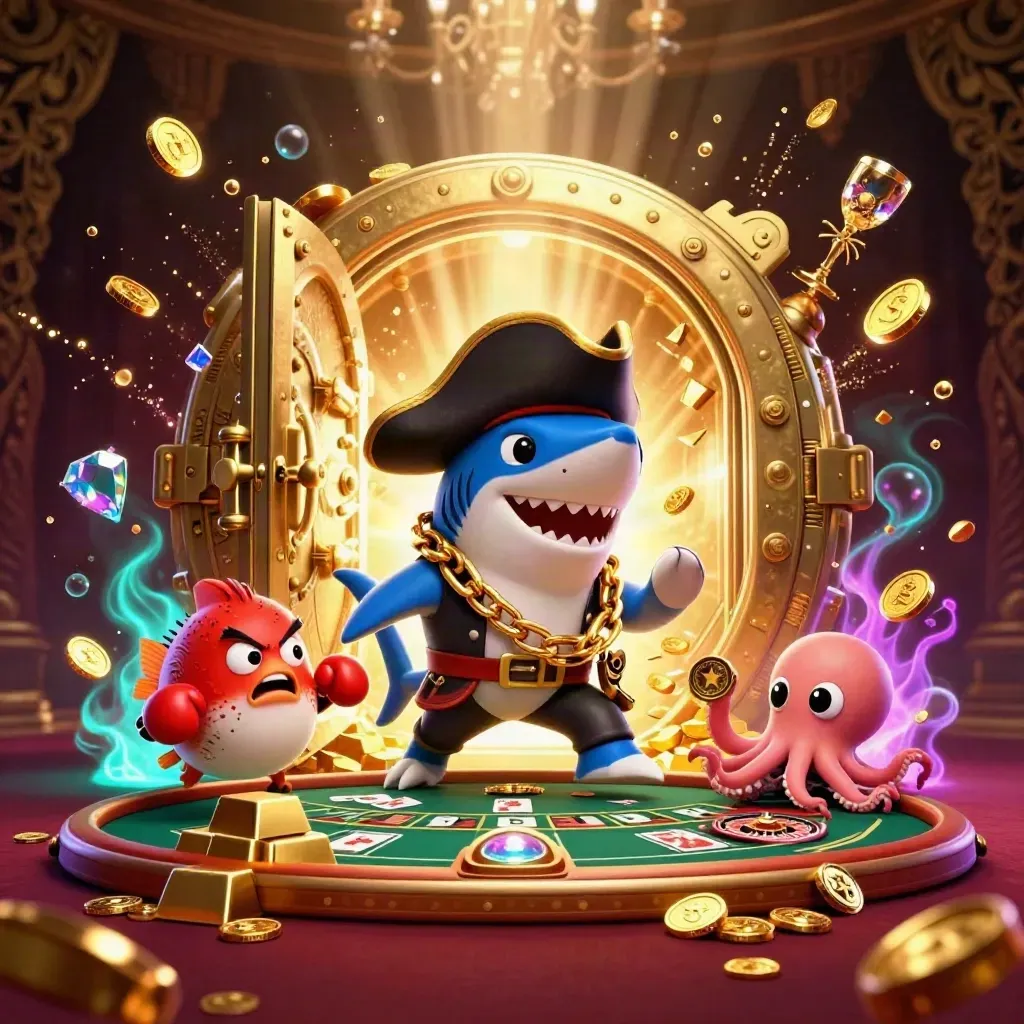 Piratenhaai, pufferfish en baby-octopus bij een open goudkluis met casinogoud en licht.