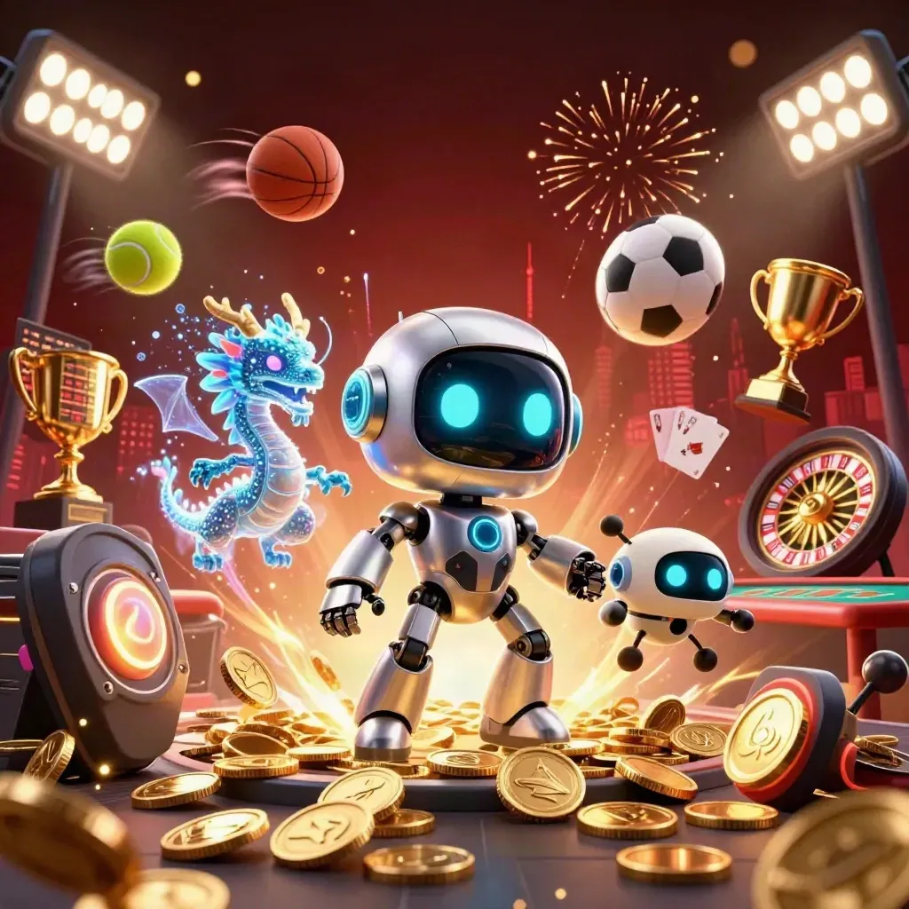 Robot, holografische draak en drone vieren een goudexplosie met roulette, kaarten en sportballen.