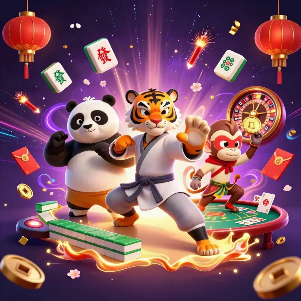 Kungfu-tijger, panda en aap tussen goud, mahjong en casino-elementen in een magische neonstorm.