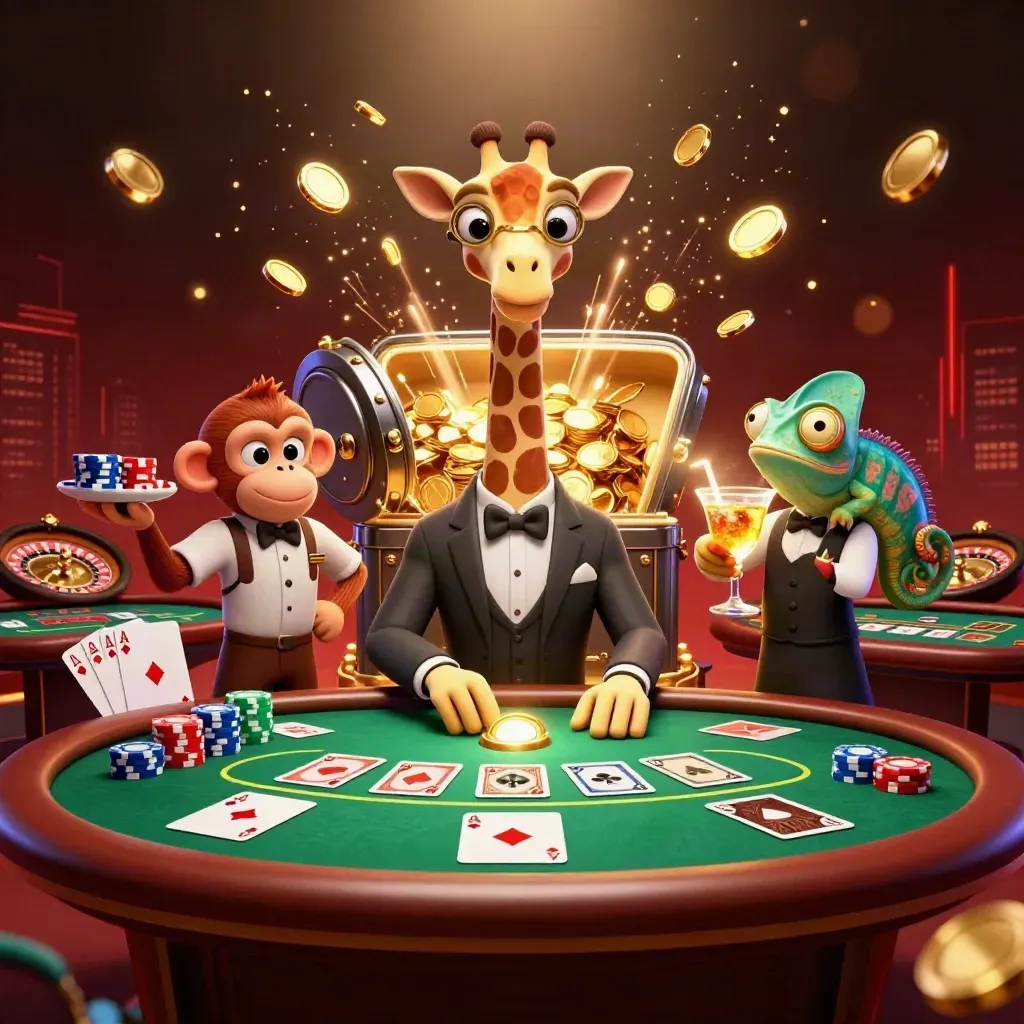 Drie casinofiguren vieren met goud, chips en vuurwerk in luxe groen-gouden stijl.
