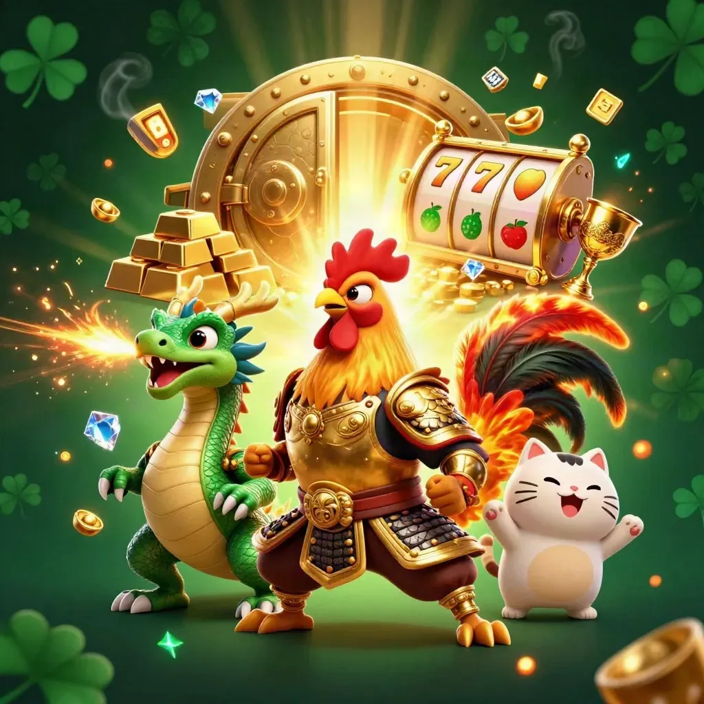 Een gouden hanenstrijder met draakje en lucky cat voor een open schatkluis.