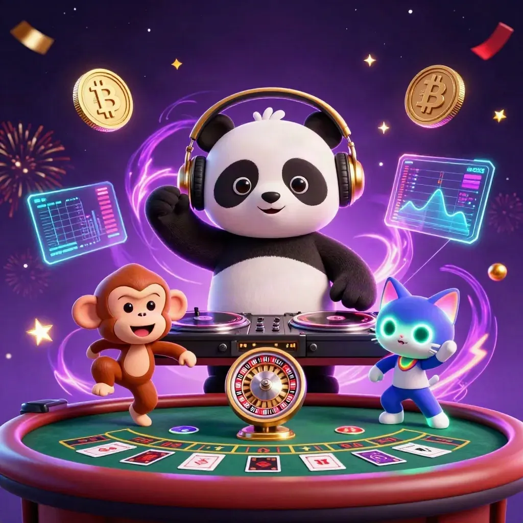 Panda-DJ, dansende aap en rave-kat met casino-iconen en neon effecten