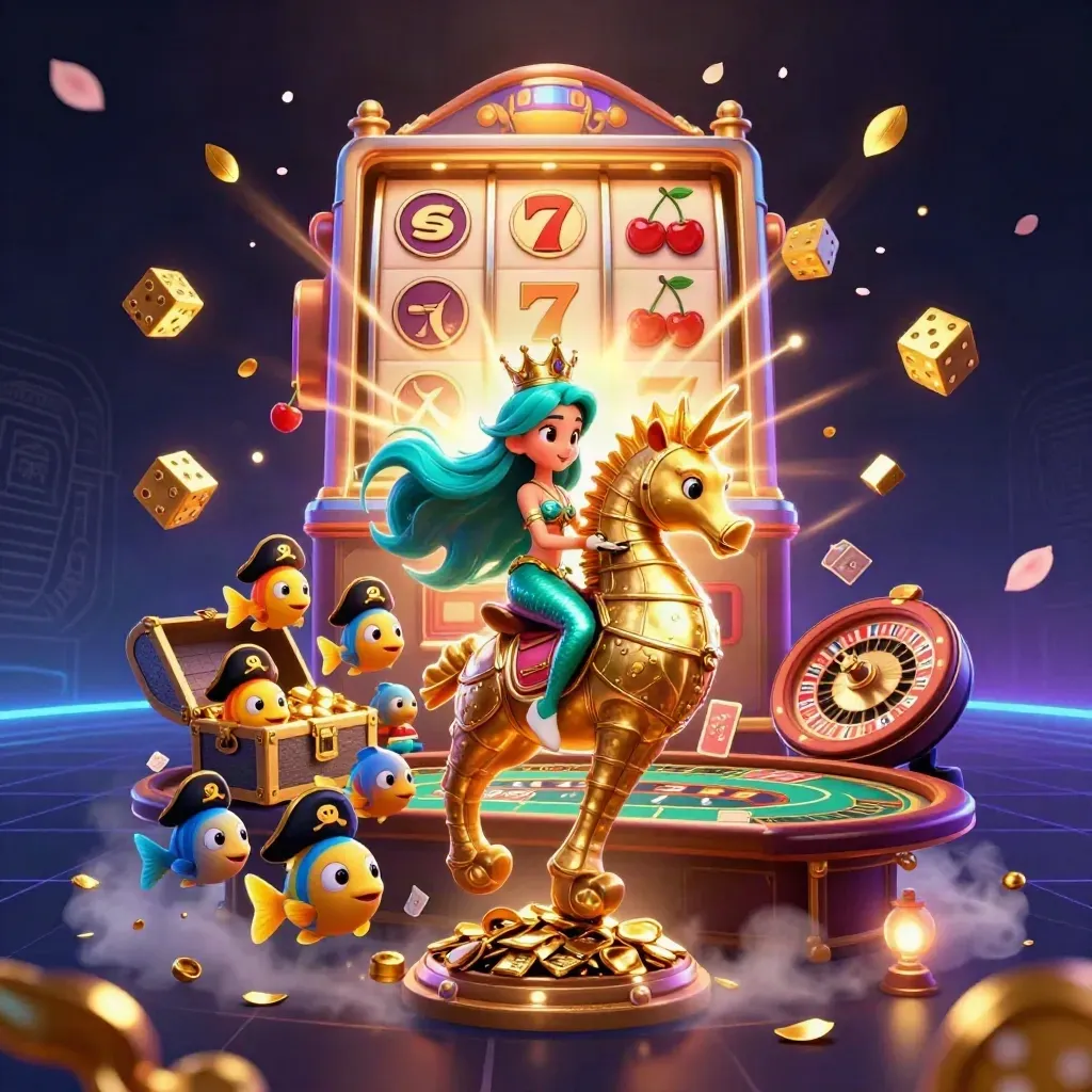 Turquoise zeemeermin op gouden zeepaard met casinospelletjes, goud en neon in luxe donkere sfeer
