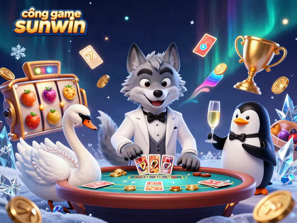 Engage with cổng game sunwin featuring a debonair wolf, swan dealer, and penguin sommelier in a vibrant casino.