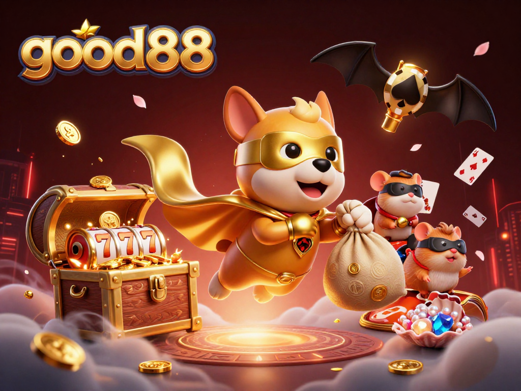 Experience the exciting action of good88 online casino showcased with vibrant 3D illustration featuring a superhero dog and hamster.